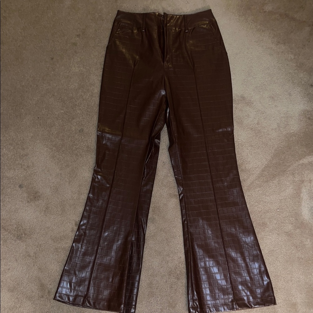 Brown Faux Leather Croc-Embossed Pants